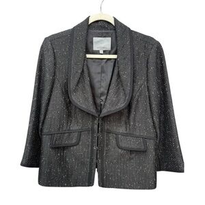 Black Charcoal Tweed Blazer 3/4” Sleeves Shawl Collar Pockets Hook & Eye Closure
